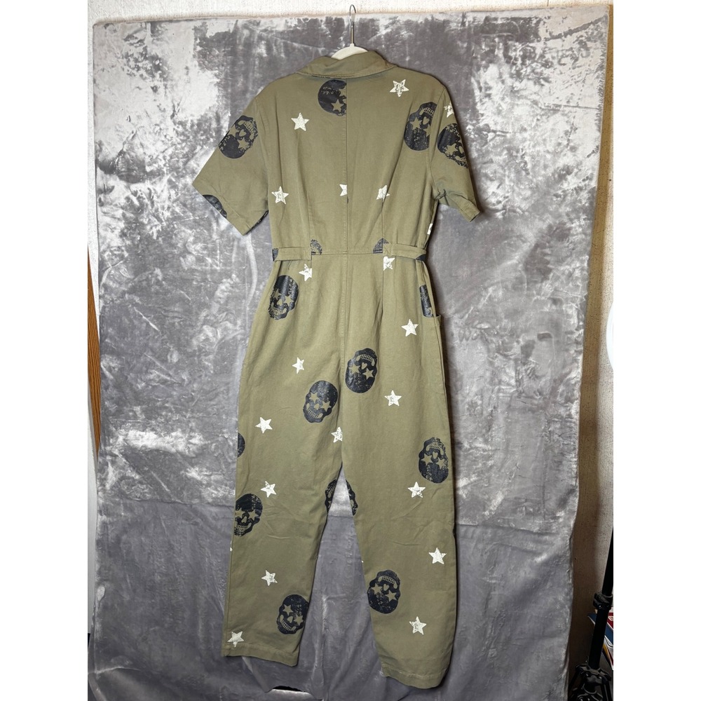 Fantastic Fawn Womens Olive Green Skull & Star Print Utility Jumpsuit Size L - Picture 5 of 10
